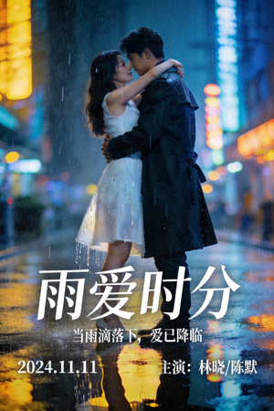 都市爱情电影海报，男女主角在雨中拥抱