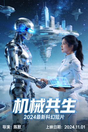 最新科幻短片海报，机器人与人类互动